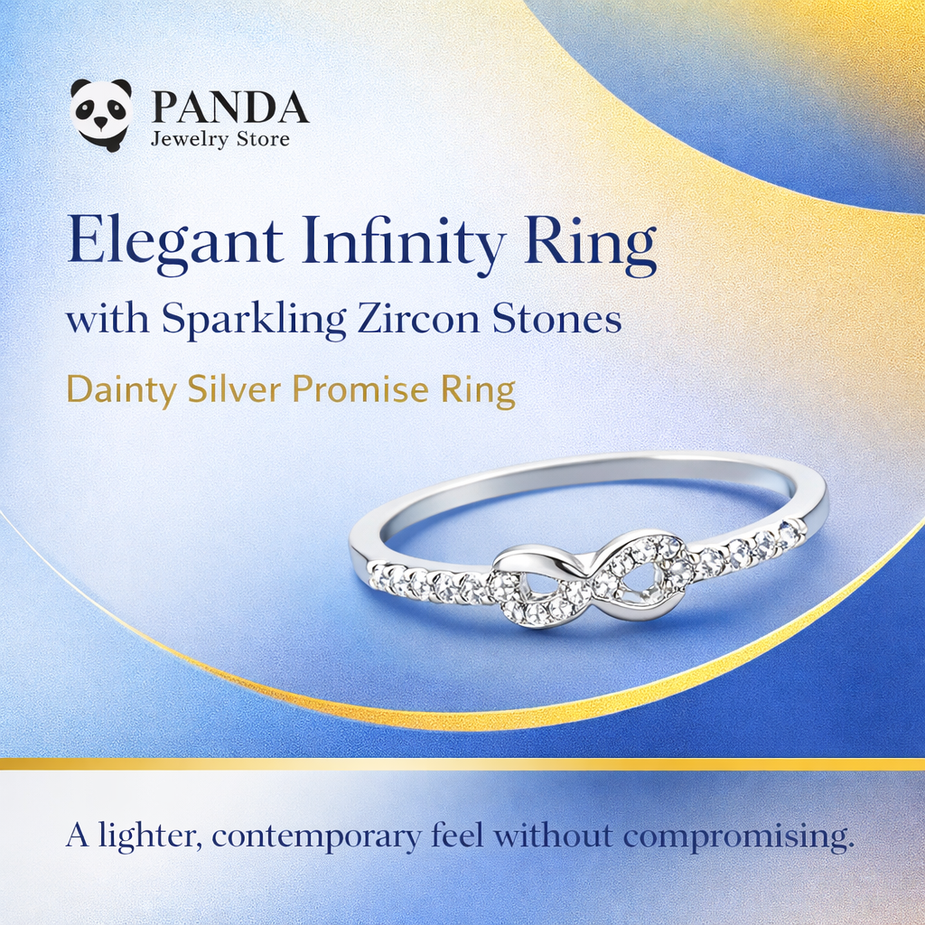Elegant infinity ring with sparkling zircon stones on a gradient blue and yellow background, featuring Panda Jewelry Store branding.