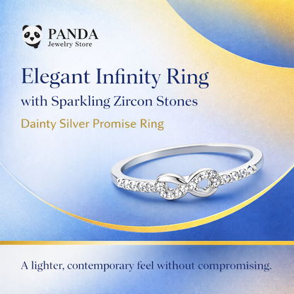 Elegant infinity ring with sparkling zircon stones on a gradient blue and yellow background, featuring Panda Jewelry Store branding.