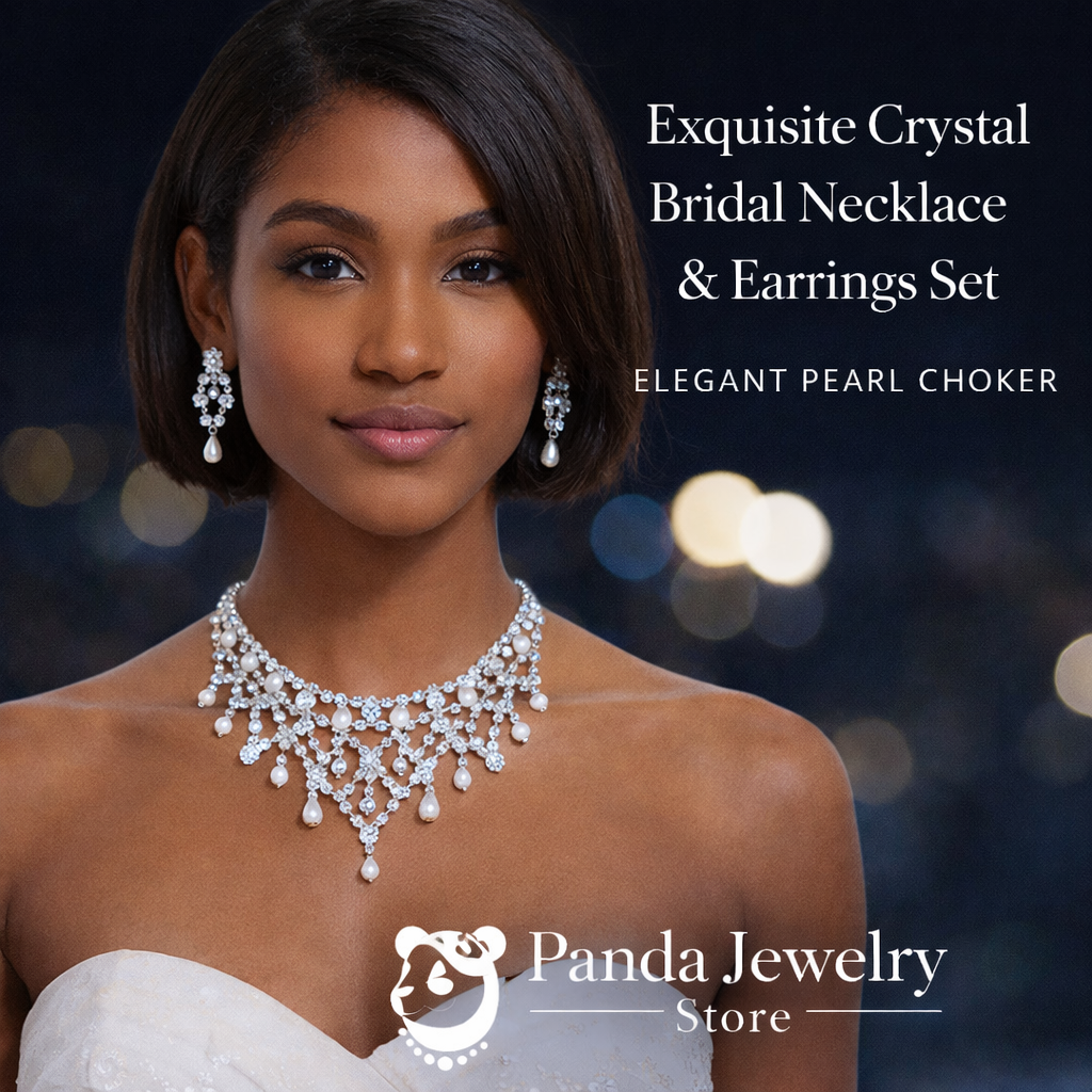 💙Exquisite Crystal Bridal Necklace & Earrings Set – Elegant Pearl Choker