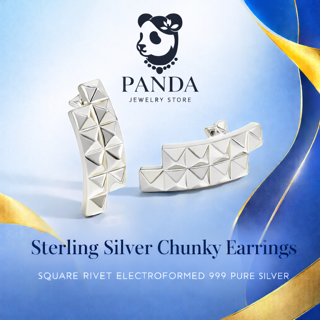 💎Trendy Women Daily Fashion Statement Electroforming Bold 999 Pure Silver Geometry Irregular Square Rivet Chunky Earrings