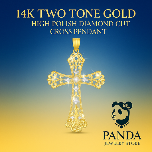💎14k Two Tone Gold High Polish Diamond Cut Cross Pendant