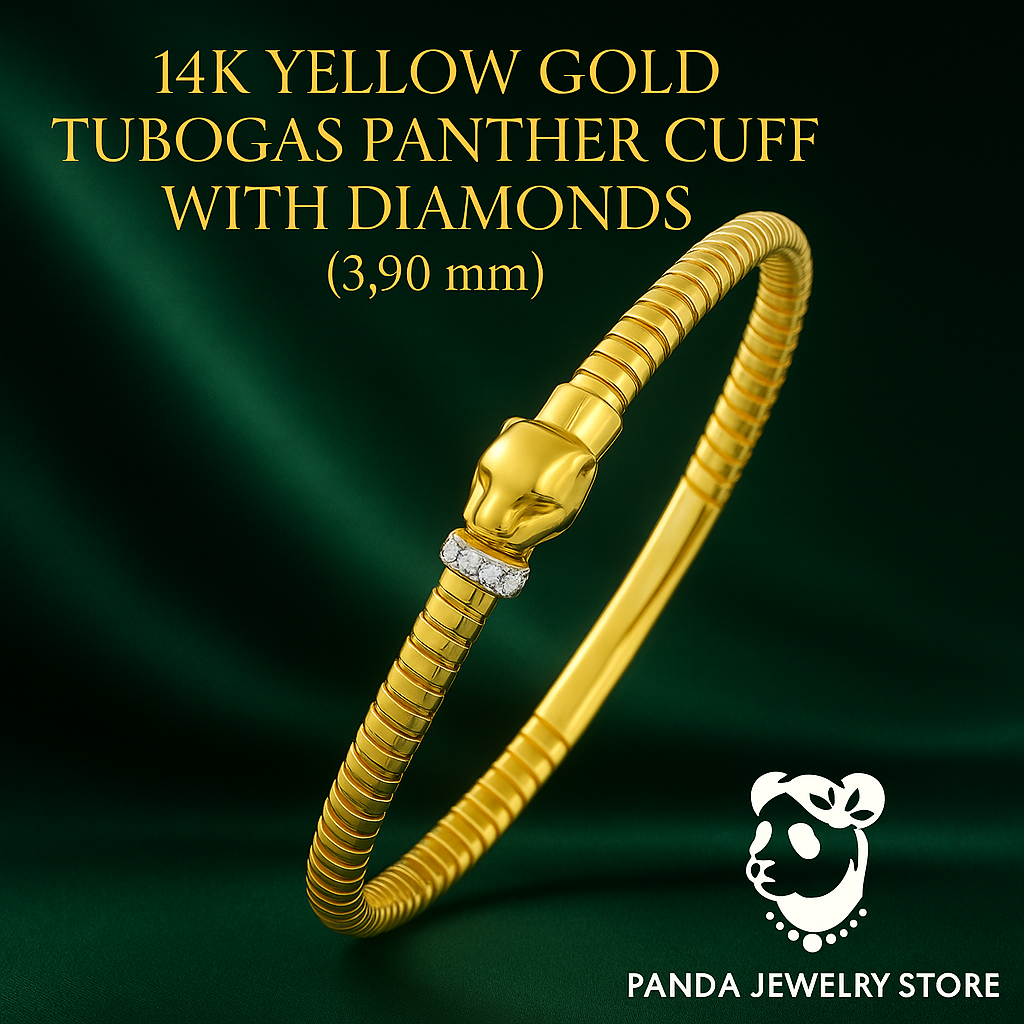 💎14K Yellow Gold Tubogas Panther Cuff with Diamonds (3.90 mm)