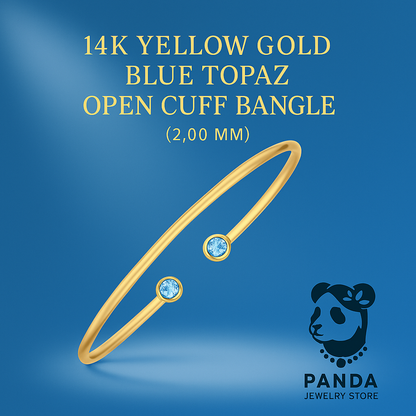 ❄️14K Yellow Gold Blue Topaz Open Cuff Bangle (2.00 mm)