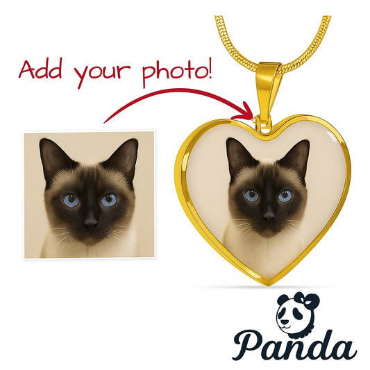 Heart-shaped pendant with a cat's face and 'Panda' logo on a white background