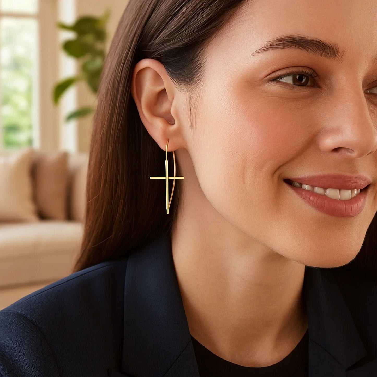 🌟14K Yellow Gold Cross Thread Drop Earrings