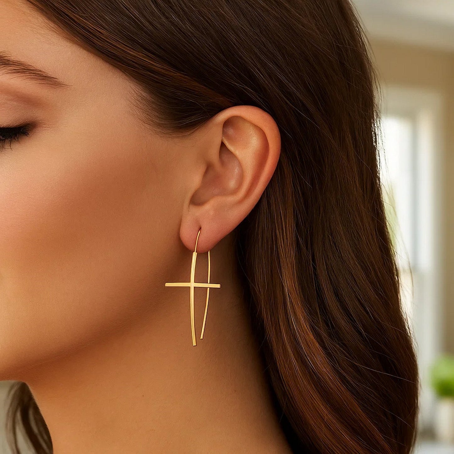 🌟14K Yellow Gold Cross Thread Drop Earrings