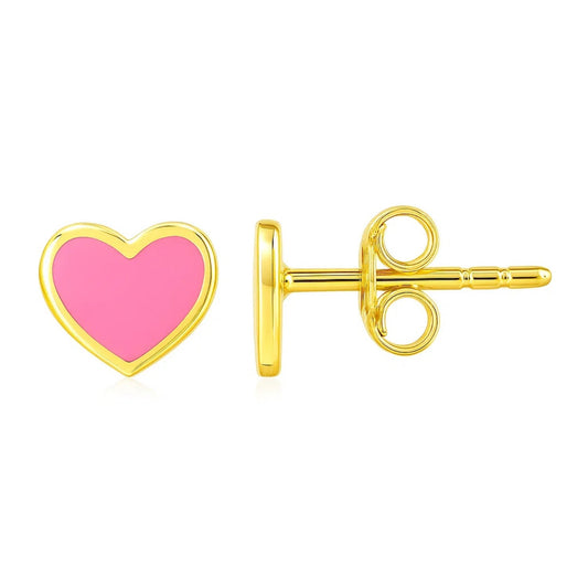 🩷14K Yellow Gold & Pink Enamel Heart Stud Earrings – Sweet Everyday Shine