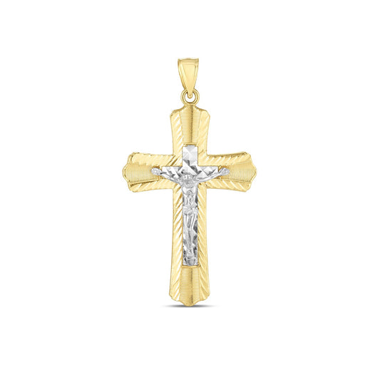 0.14k Two Tone Gold High Polish Diamond Cut Cross Pendant