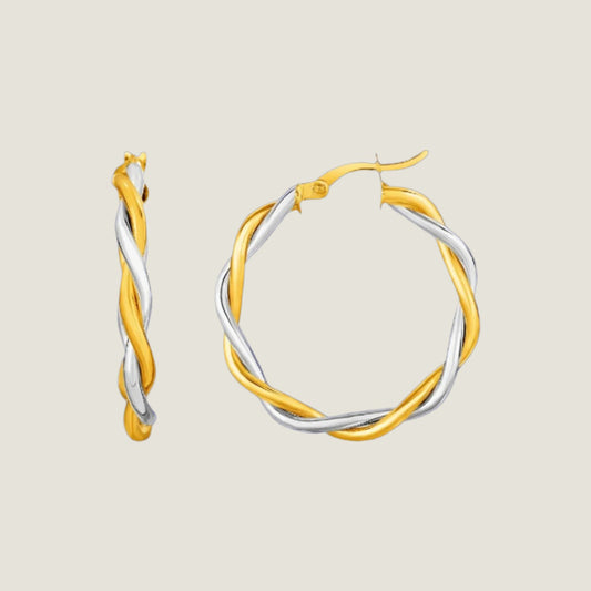 Two-Tone Twisted Wire Round Hoop Earrings in 10k Yellow and White Gold(3x20mm)