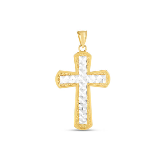 0.14k Two Tone Gold High Polish Diamond Cut Cross Pendant