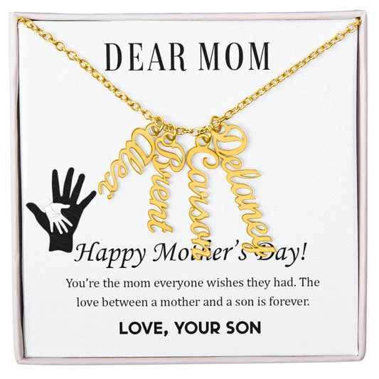 Elegant gold necklace with personalized name pendants, a unique keepsake jewelry piece.