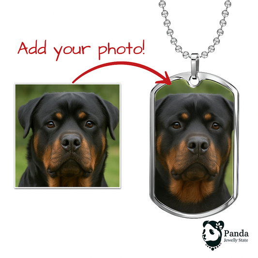 Dog tag with a Rottweiler's face and an arrow pointing to 'Add your photo' text, with Panda Jewelry State logo.