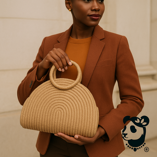 Woman holding a beige woven handbag against a neutral background