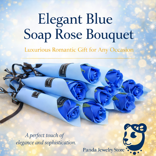 Blue soap rose bouquets with decorative packaging on a sparkling background, featuring Panda Jewelry Store logo.