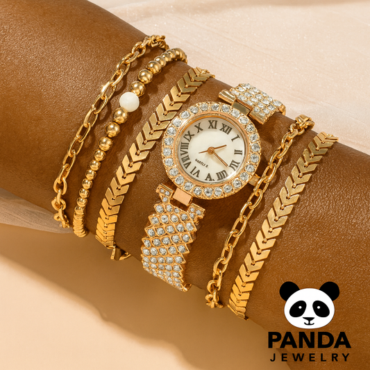 Gold jewelry set with a watch and bracelets on a person's wrist, featuring the Panda Jewelry brand.