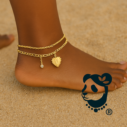 Elegant Gold Plated Ankle Bracelet Duo – Adjustable Chain Set with Personalized Heart Pendant (Letter U)