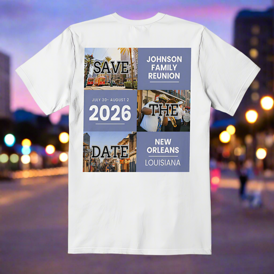 Front White T-shirt with graphics announcing the 2026 Johnson Family Reunion. New Orleans background. 