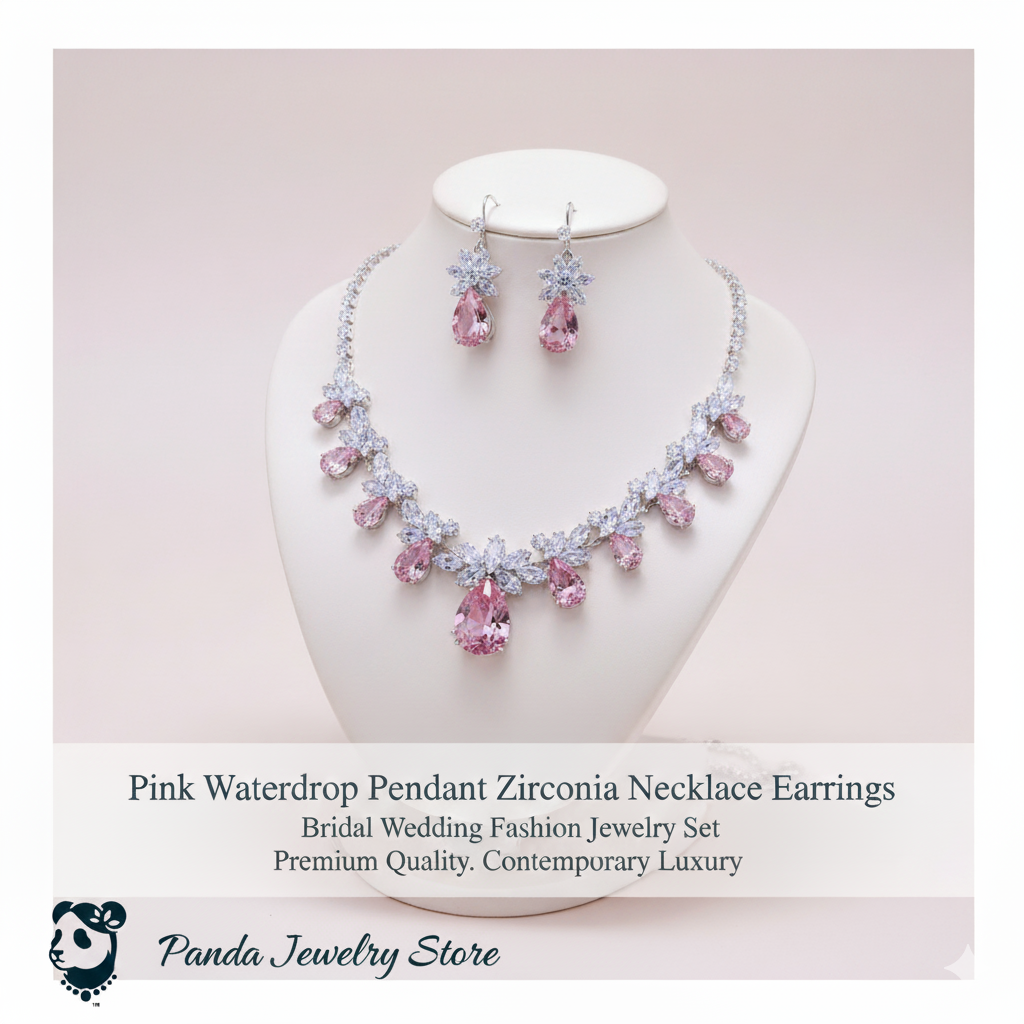 🩷Pink or Green Emerald Waterdrop Pendant Zirconia Necklace Earrings Bridal Wedding Fashion Jewelry Set