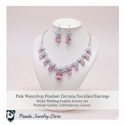 🩷Pink or Green Emerald Waterdrop Pendant Zirconia Necklace Earrings Bridal Wedding Fashion Jewelry Set