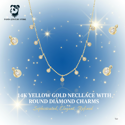 💙14k Yellow Gold Necklace with Round Diamond Charms