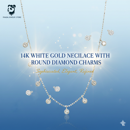 🍀14k White Gold Necklace with Round Diamond Charms