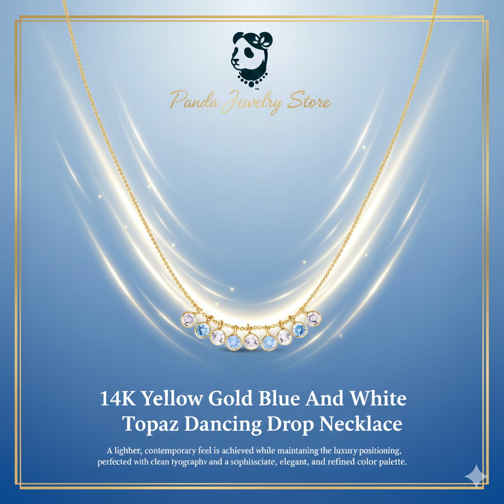 ❄️14K Yellow Gold Blue And White Topaz Dancing Drop Necklace