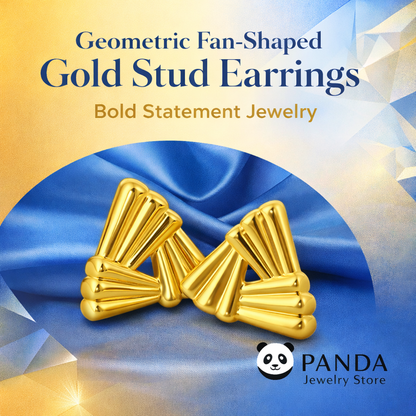 Geometric fan-shaped gold stud earrings on a blue and gold background with Panda Jewelry Store logo.