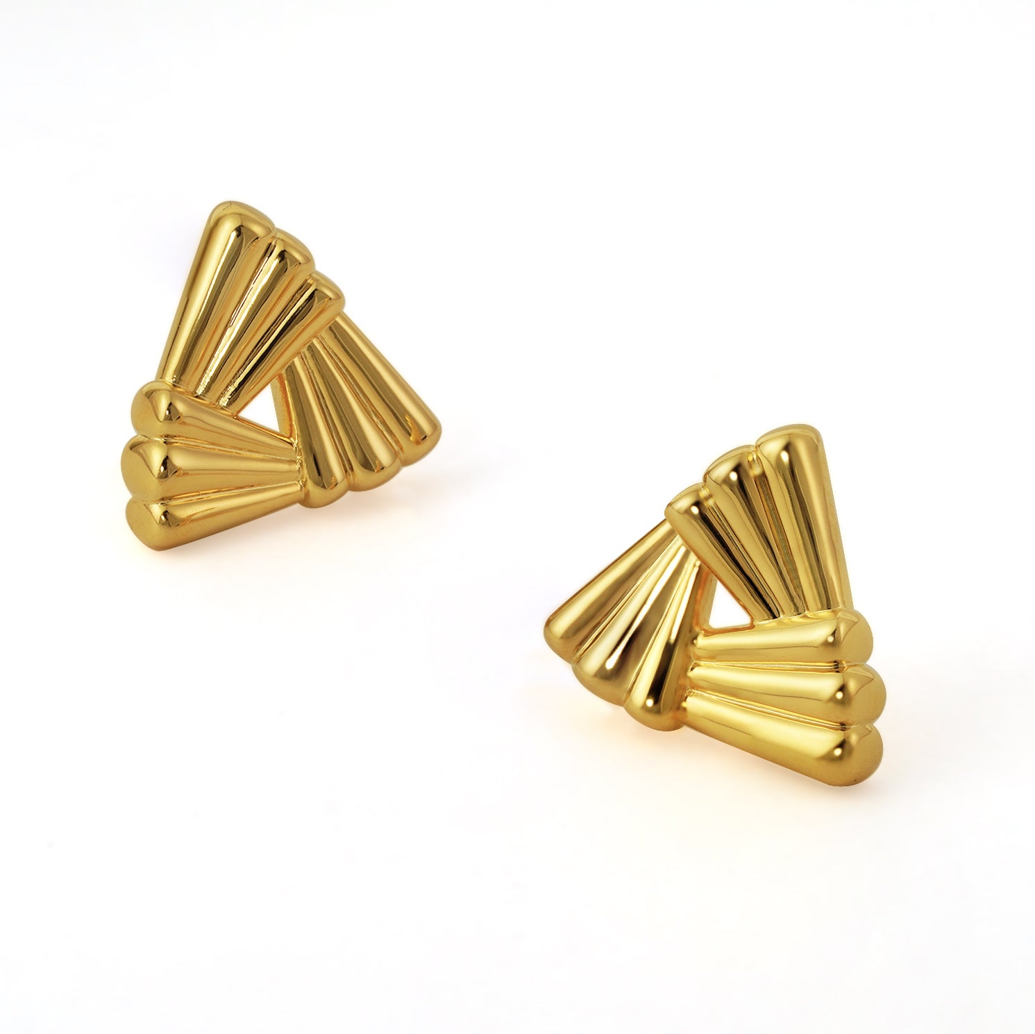 Gold triangle-shaped earrings on a white background