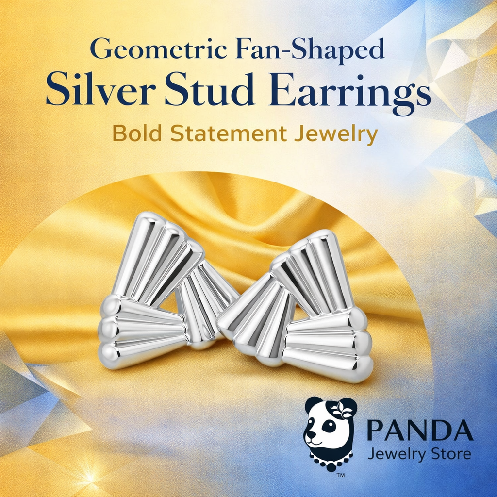 Geometric fan-shaped silver stud earrings on a gold and blue gradient background with Panda Jewelry Store logo.