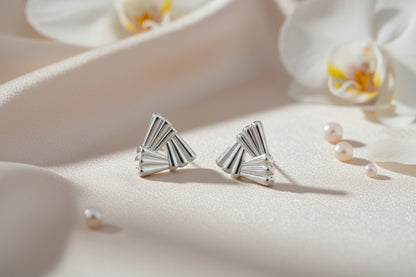 Pair of silver geometric earrings on a white background