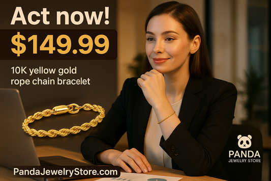 Woman in a professional setting with a gold bracelet and promotional text for a gold chain bracelet.