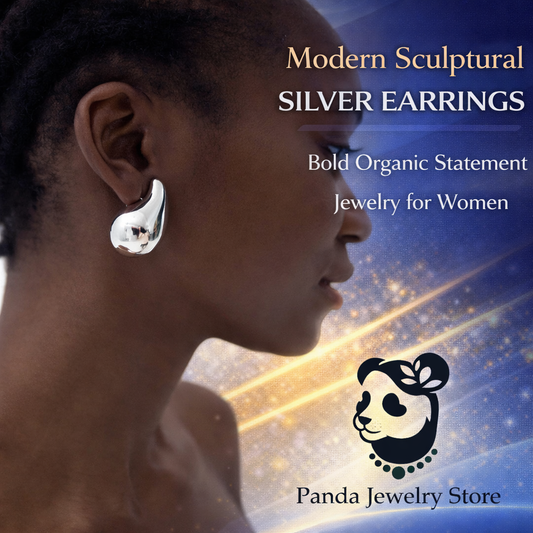 Woman wearing modern silver earrings with a space-themed background and Panda Jewelry Store logo.
