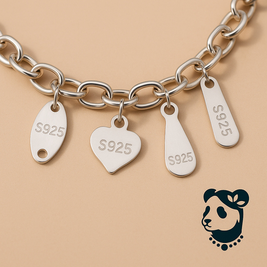 S925 sterling silver charm bracelet with heart, oval, waterdrop, and tag charms