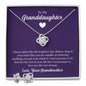 Necklace and earring set featuring elegant love knot designs with sparkling cubic zirconia, displayed in a purple gift box with a heartfelt message for a granddaughter from her grandmother.