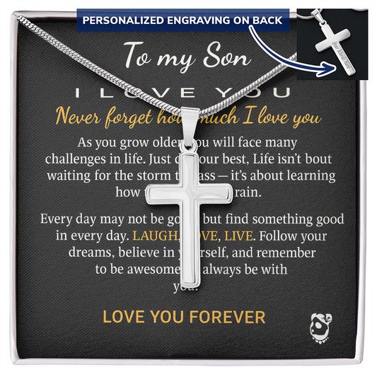To My Son message card with a cross-pendant necklace.