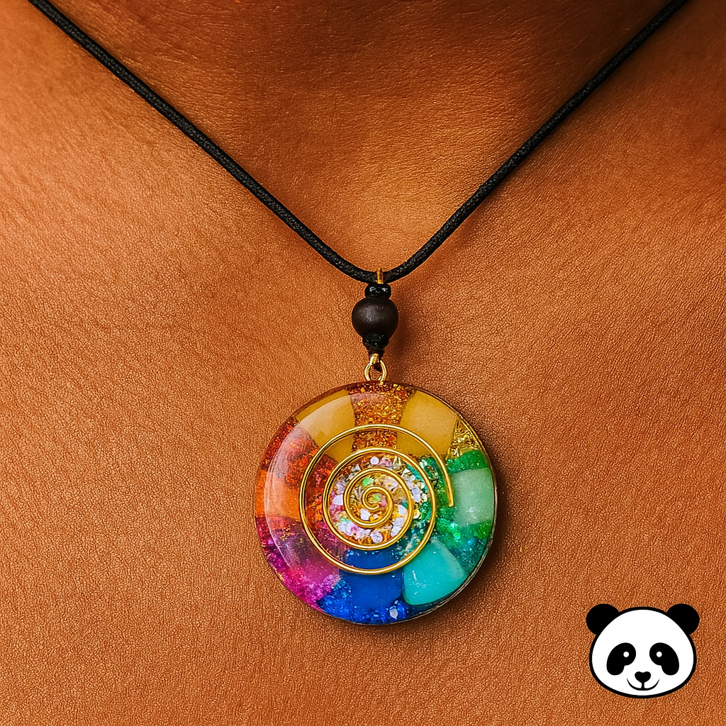 Vibrant Chakra Healing Necklace with Gold Spiral Coil – Natural Energy Amulet