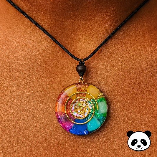 Vibrant Chakra Healing Necklace with Gold Spiral Coil – Natural Energy Amulet