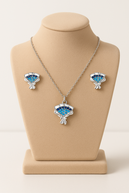 Elegant Blue Cubic Zirconia Flower Bouquet Set for Women – 925 Silver
