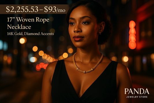 Beautiful Woman of color wearing a  Woven Rope necklace made of 14k Gold with blurred lights in the background, promoting a 17-inch woven rope necklace by Panda Jewelry Store.com.