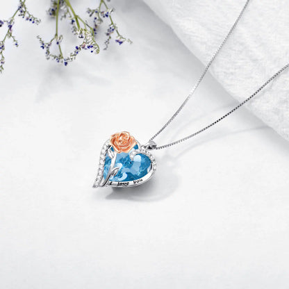 Valentines Day Gifts for Women Sterling Silver Rose Flower Pendant Necklaces with Heart Crystal March Birthstone Necklace Pendant Jewelry Valentines Day Gifts,Created Aquamarine