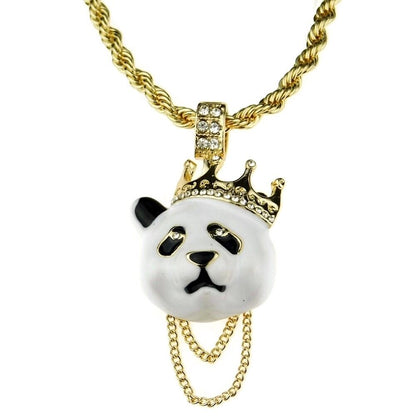 Crown Panda Rope Chain White Bear Pendant Gold Plated Hip Hop Necklace 24" Inch