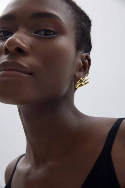 🍷Fine Jewelry Holiday Yellow Gold Plated OK Hand S999 Sterling Silver Electroforming Hollow Light Exaggerated Earrings