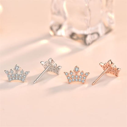 Sparkling Crown Stud Earrings – 925 Sterling Silver with CZ Crystals