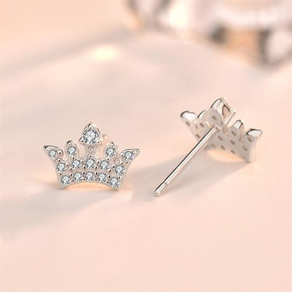 Sparkling Crown Stud Earrings – 925 Sterling Silver with CZ Crystals