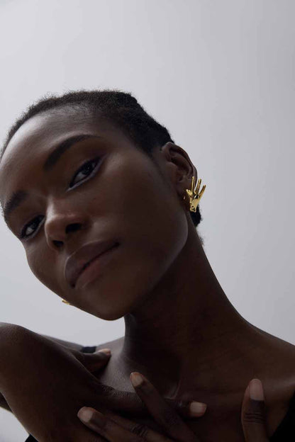 🍷Fine Jewelry Holiday Yellow Gold Plated OK Hand S999 Sterling Silver Electroforming Hollow Light Exaggerated Earrings