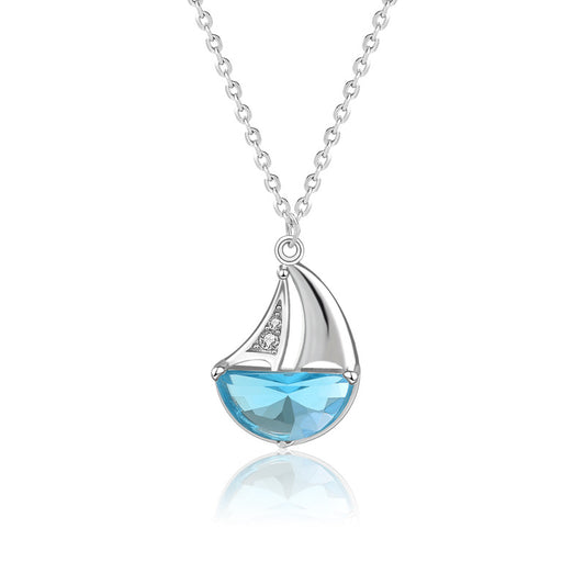 *Sterling Silver Sailboat Necklace with Blue CZ Crystal – Nautical Jewelry