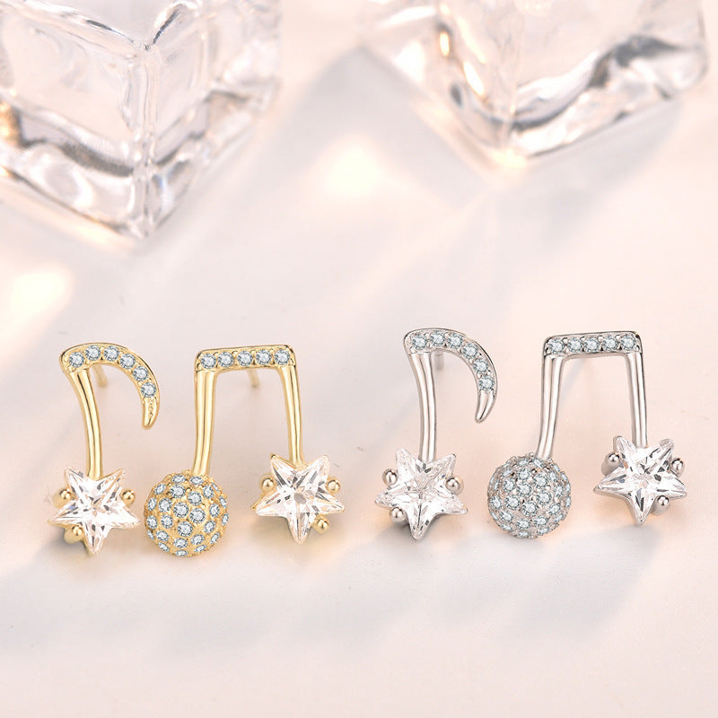 Asymmetrical Music Note & Star CZ Earrings in 925 Sterling Silver – Gold Plated