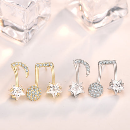 Asymmetrical Music Note & Star CZ Earrings in 925 Sterling Silver – Gold Plated