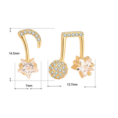 Asymmetrical Music Note & Star CZ Earrings in 925 Sterling Silver – Gold Plated