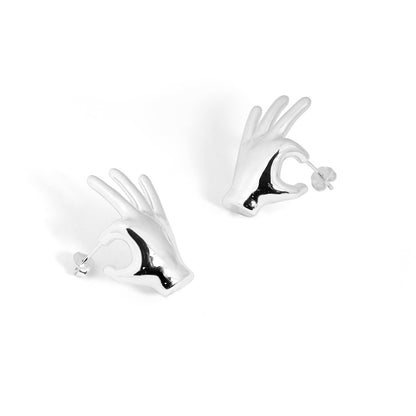 🍷Fine Jewelry Holiday Yellow Gold Plated OK Hand S999 Sterling Silver Electroforming Hollow Light Exaggerated Earrings